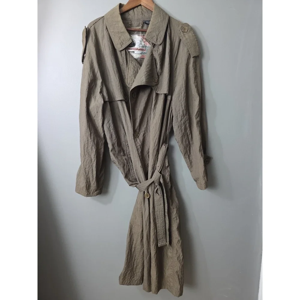 VTG 80s Trans-Atlantique Brown Nylon Utility Trench Coat Women Medium Oversized